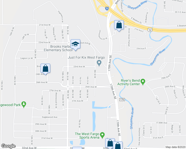 map of restaurants, bars, coffee shops, grocery stores, and more near 2480 5th Street West in West Fargo