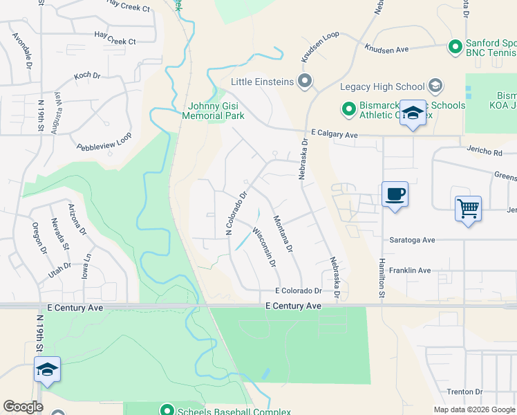 map of restaurants, bars, coffee shops, grocery stores, and more near 3213 Wisconsin Drive in Bismarck