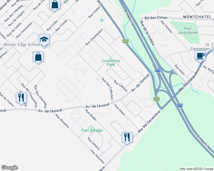 map of restaurants, bars, coffee shops, grocery stores, and more near 1511 Rue des Calèches in Québec