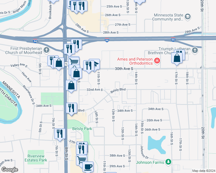 map of restaurants, bars, coffee shops, grocery stores, and more near 1100 32nd Avenue South in Moorhead
