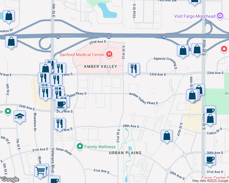 map of restaurants, bars, coffee shops, grocery stores, and more near 5101 Amber Valley Pkwy in Fargo