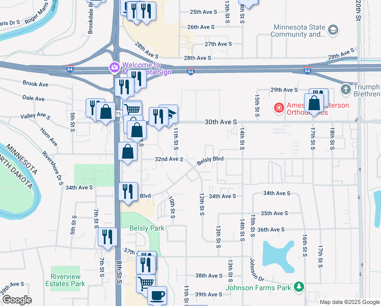 map of restaurants, bars, coffee shops, grocery stores, and more near 1100 32nd Avenue South in Moorhead