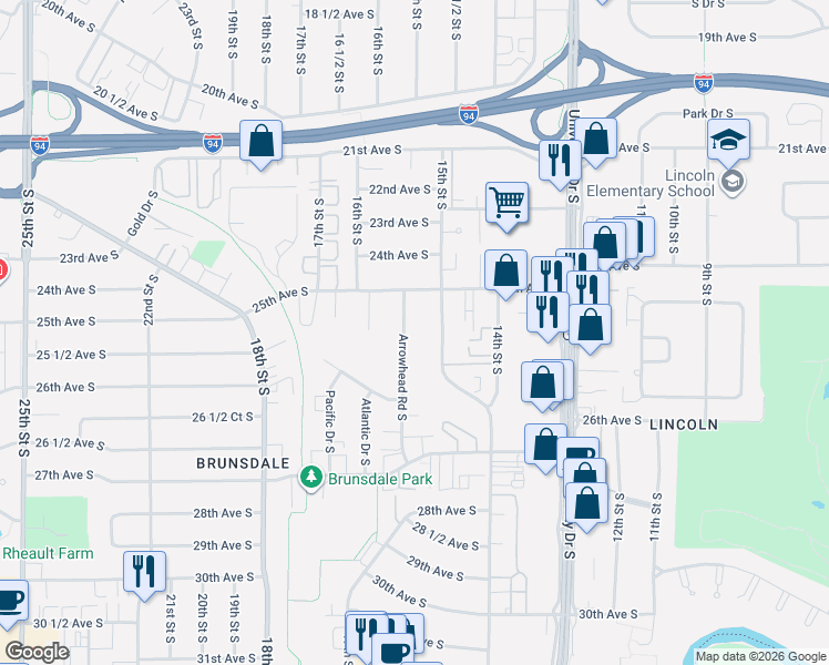 map of restaurants, bars, coffee shops, grocery stores, and more near 2531 Arrowhead Road South in Fargo