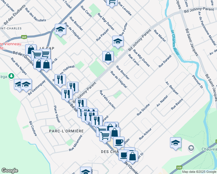 map of restaurants, bars, coffee shops, grocery stores, and more near 14 Rue Maurice de Celles in Ville de Québec