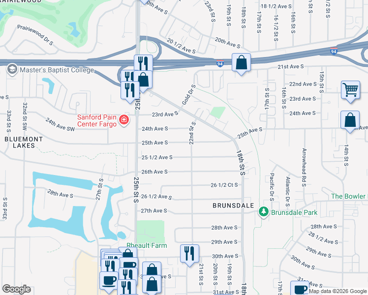 map of restaurants, bars, coffee shops, grocery stores, and more near 2213 25 1/2 Ave S in Fargo