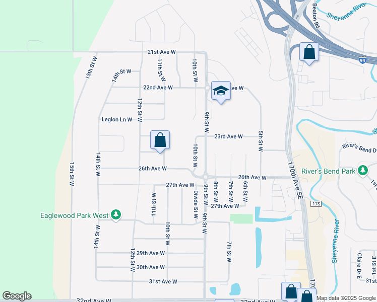 map of restaurants, bars, coffee shops, grocery stores, and more near 2410 10th Street West in West Fargo