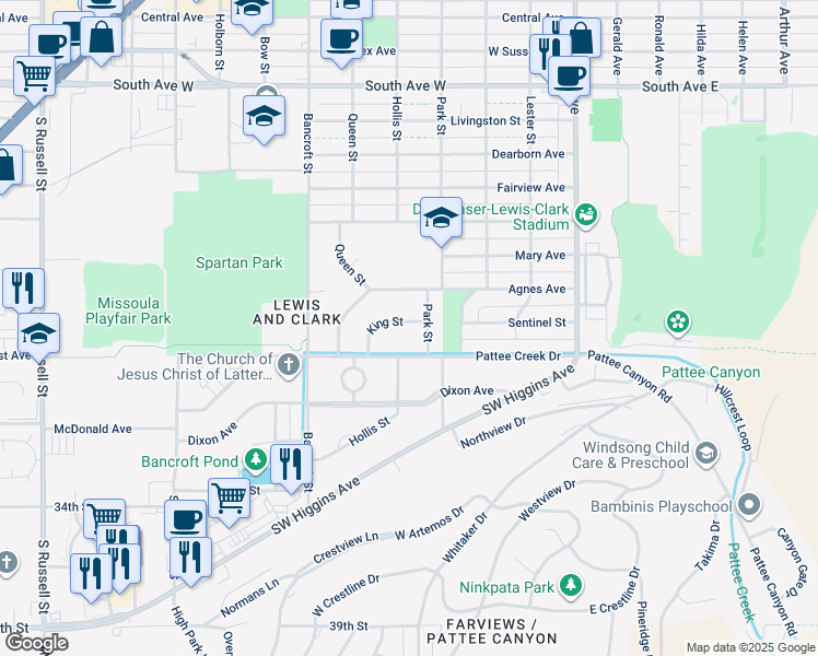 map of restaurants, bars, coffee shops, grocery stores, and more near 409 King Street in Missoula