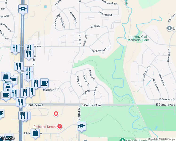 map of restaurants, bars, coffee shops, grocery stores, and more near 3227 Nevada Street in Bismarck