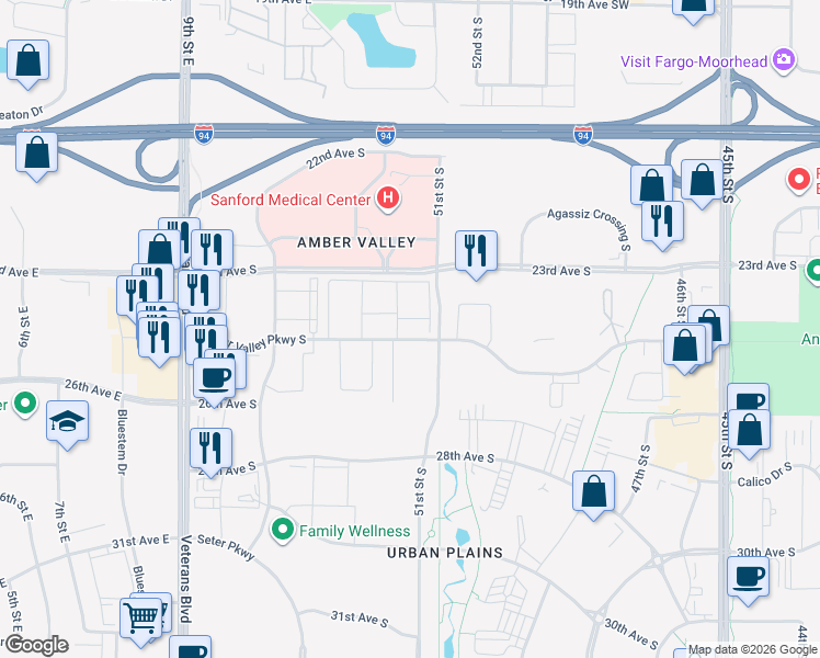 map of restaurants, bars, coffee shops, grocery stores, and more near 5101 Amber Valley Parkway South in Fargo