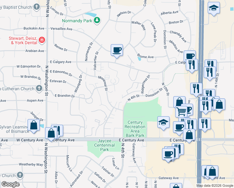 map of restaurants, bars, coffee shops, grocery stores, and more near 3550 Rocky Point Lane in Bismarck