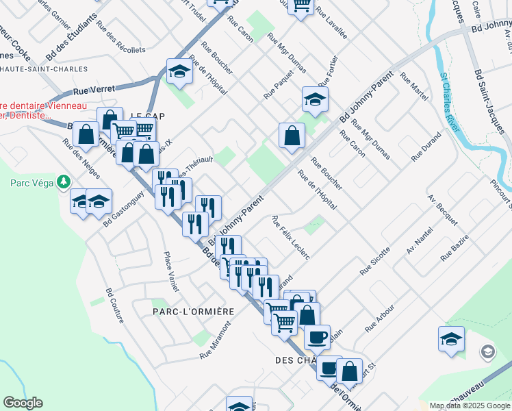 map of restaurants, bars, coffee shops, grocery stores, and more near 103 Boulevard Johnny Parent in Quebec