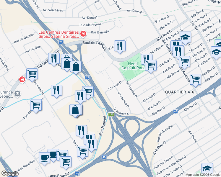map of restaurants, bars, coffee shops, grocery stores, and more near 625 52e Rue Ouest in Quebec