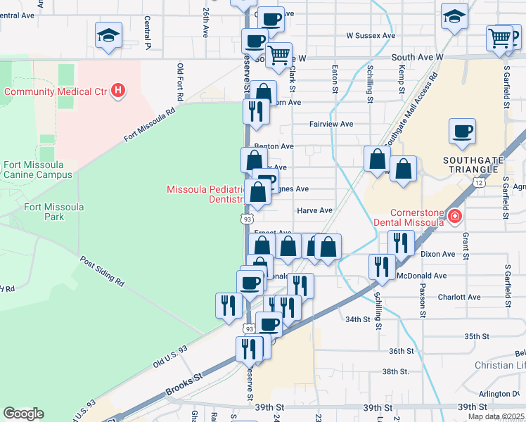 map of restaurants, bars, coffee shops, grocery stores, and more near 3110 South Reserve Street in Missoula