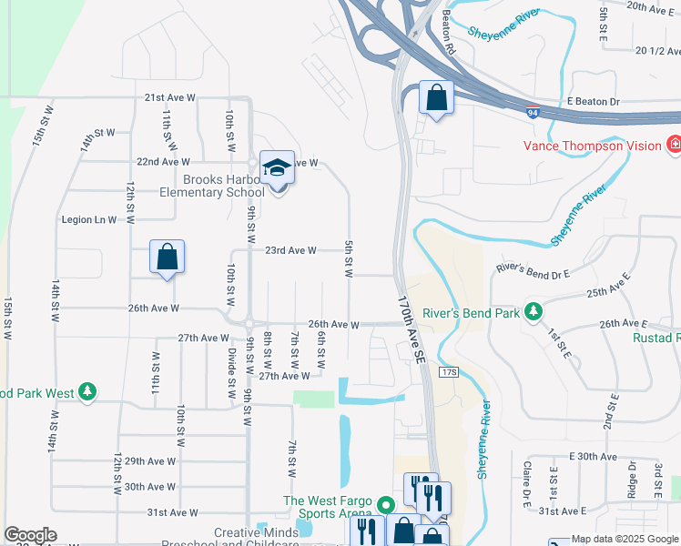 map of restaurants, bars, coffee shops, grocery stores, and more near 2480 5th Street West in West Fargo