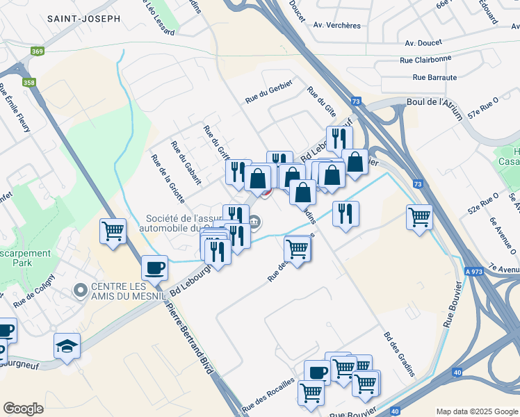 map of restaurants, bars, coffee shops, grocery stores, and more near 220-725 Boulevard Lebourgneuf in Québec