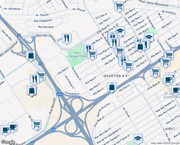 map of restaurants, bars, coffee shops, grocery stores, and more near 437 48e Rue Ouest in Ville de Québec