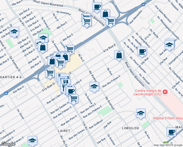 map of restaurants, bars, coffee shops, grocery stores, and more near Rue des Lilas Est in Ville de Québec