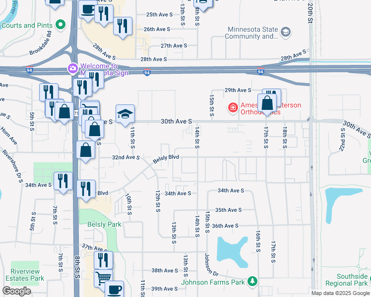 map of restaurants, bars, coffee shops, grocery stores, and more near 1318 Belsly Boulevard in Moorhead