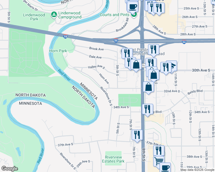 map of restaurants, bars, coffee shops, grocery stores, and more near 3203 Rivershore Drive in Moorhead