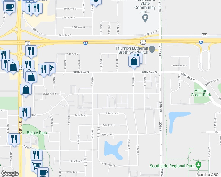map of restaurants, bars, coffee shops, grocery stores, and more near 1550 Belsly Boulevard in Moorhead