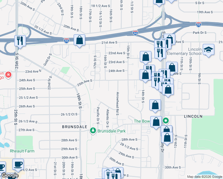 map of restaurants, bars, coffee shops, grocery stores, and more near 2531 Arrowhead Road South in Fargo