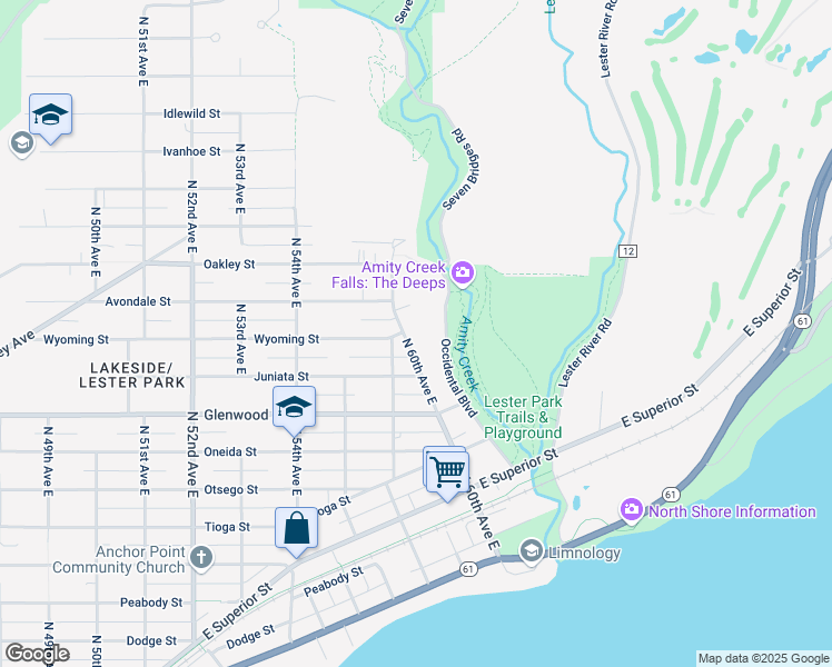 map of restaurants, bars, coffee shops, grocery stores, and more near 316 North 60th Avenue East in Duluth