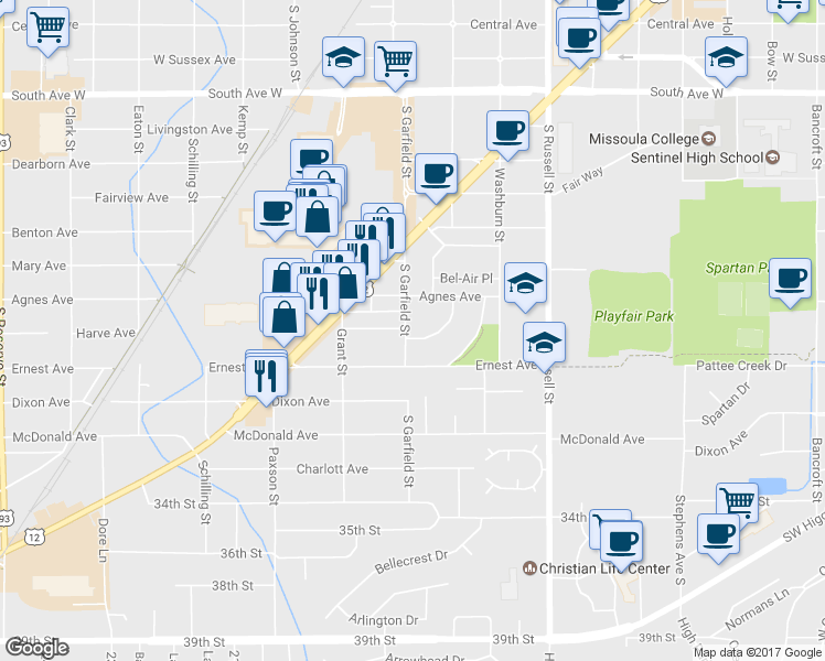 map of restaurants, bars, coffee shops, grocery stores, and more near 1812 Ernest Avenue in Missoula