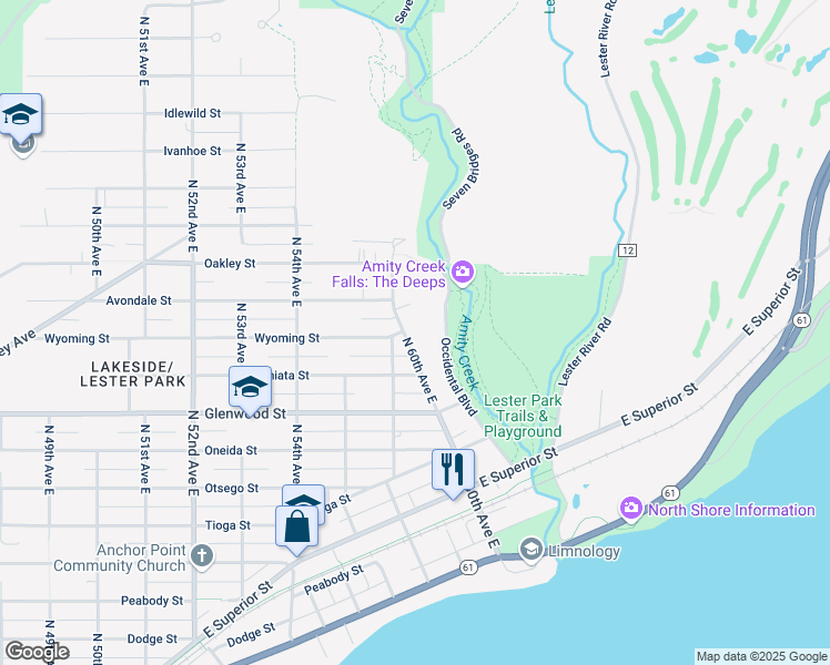 map of restaurants, bars, coffee shops, grocery stores, and more near 316 North 60th Avenue East in Duluth