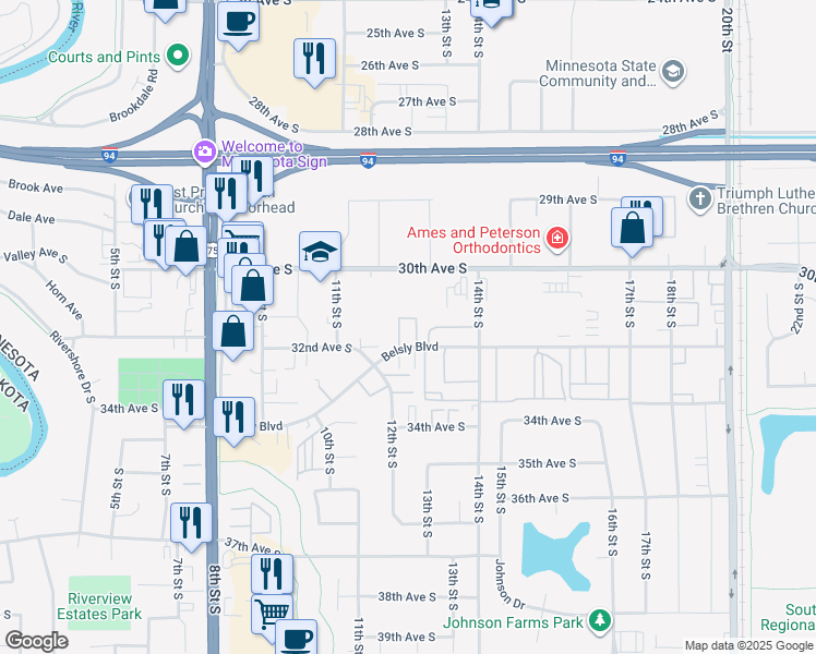 map of restaurants, bars, coffee shops, grocery stores, and more near 1246 Belsly Boulevard in Moorhead