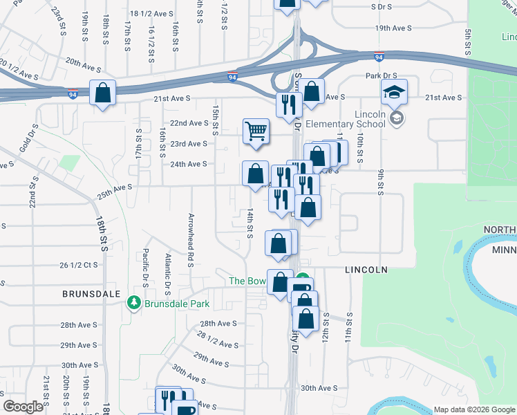 map of restaurants, bars, coffee shops, grocery stores, and more near 2550 14th Street South in Fargo