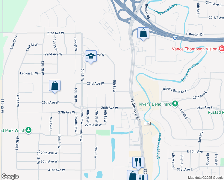 map of restaurants, bars, coffee shops, grocery stores, and more near 2480 5th Street West in West Fargo