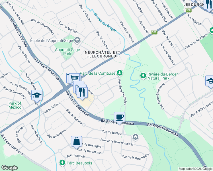 map of restaurants, bars, coffee shops, grocery stores, and more near 8752 Rue du Chevalet in Québec
