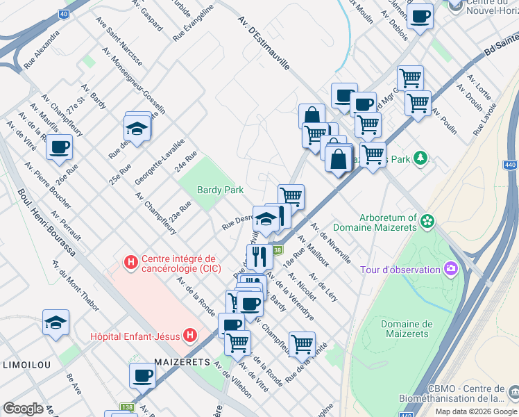 map of restaurants, bars, coffee shops, grocery stores, and more near 2210 Avenue Monseigneur-Gosselin in Québec