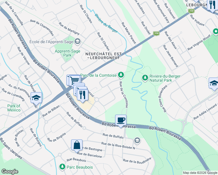 map of restaurants, bars, coffee shops, grocery stores, and more near 8752 Rue du Chevalet in Quebec