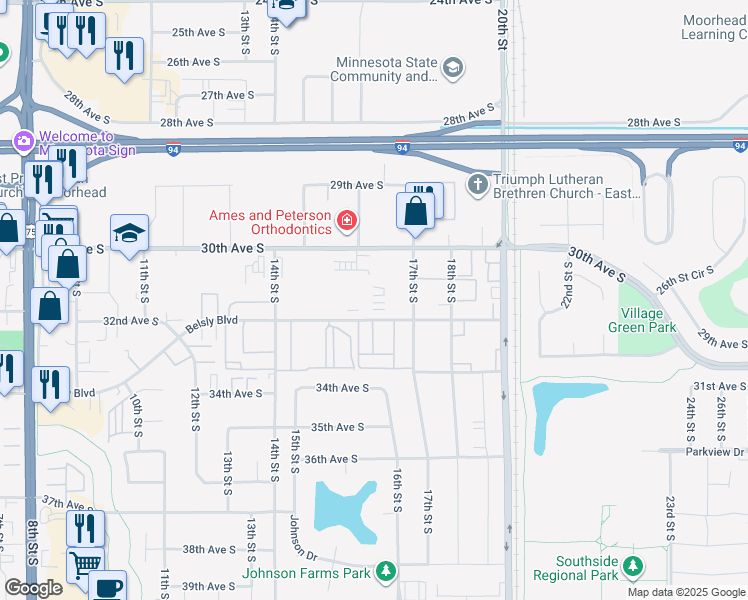map of restaurants, bars, coffee shops, grocery stores, and more near 1602 Belsly Boulevard in Moorhead