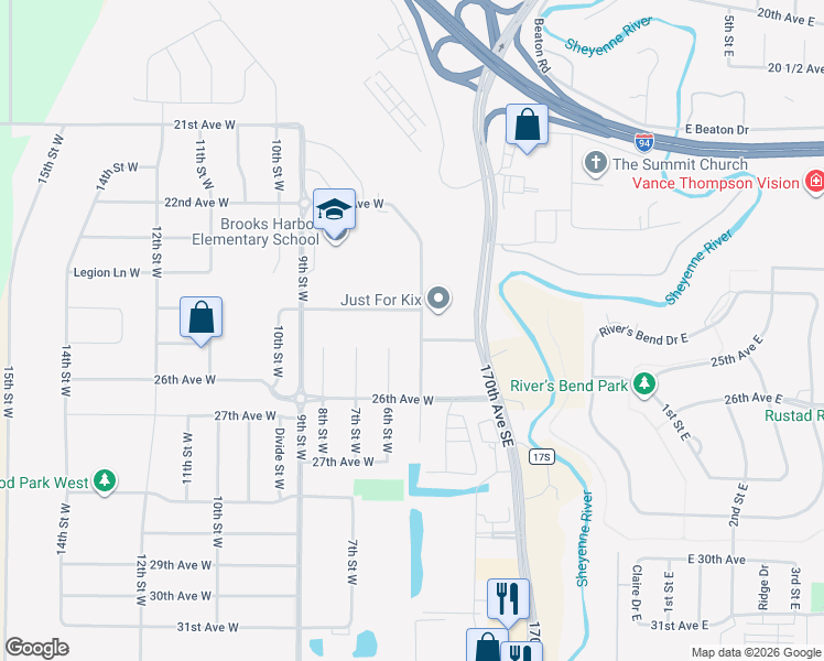 map of restaurants, bars, coffee shops, grocery stores, and more near 2320 5th Street West in West Fargo
