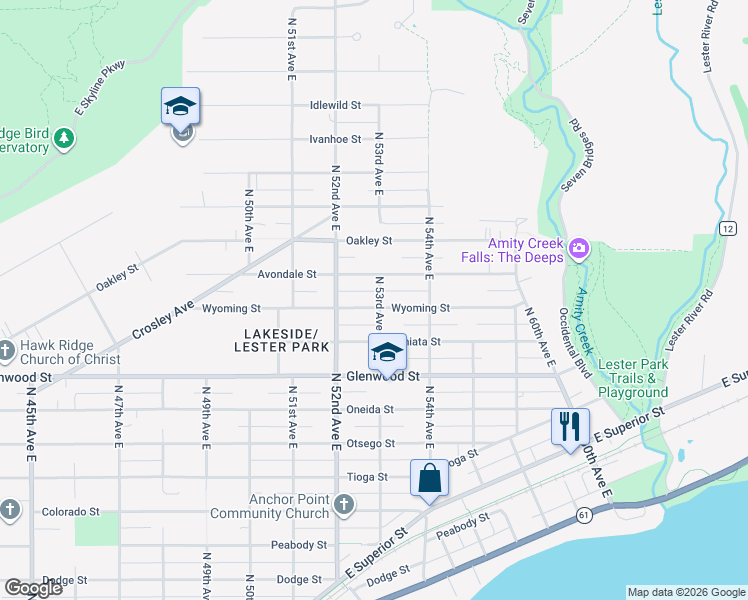 map of restaurants, bars, coffee shops, grocery stores, and more near 5220 Wyoming Street in Duluth