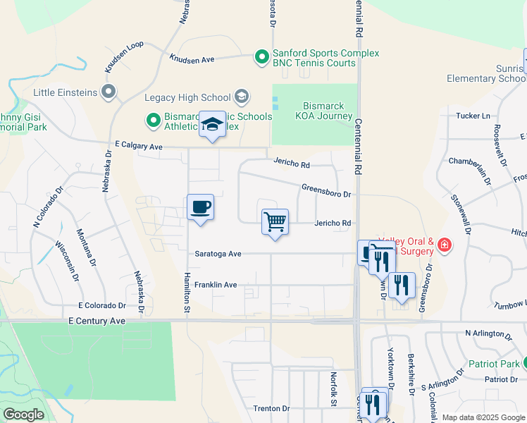 map of restaurants, bars, coffee shops, grocery stores, and more near 3427 Jericho Road in Bismarck
