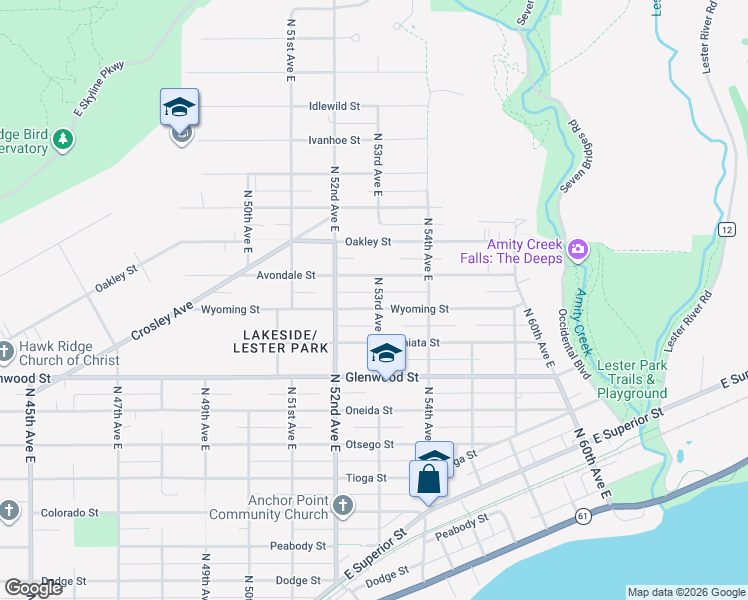 map of restaurants, bars, coffee shops, grocery stores, and more near 5220 Wyoming Street in Duluth