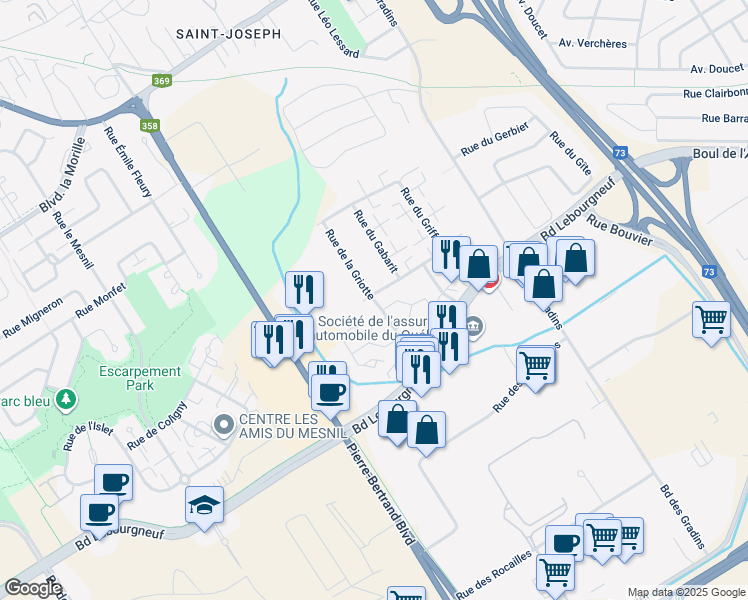 map of restaurants, bars, coffee shops, grocery stores, and more near Rue de la Griotte in Quebec City