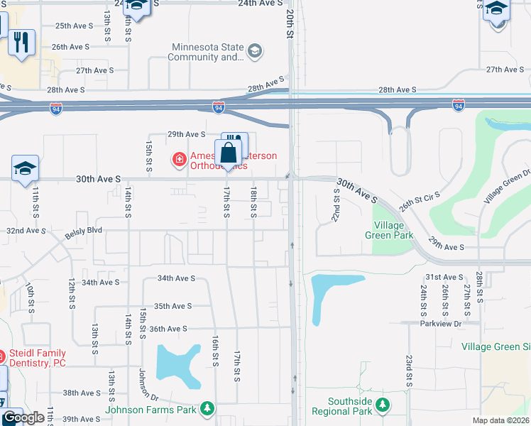 map of restaurants, bars, coffee shops, grocery stores, and more near 1920 Belsly Boulevard in Moorhead
