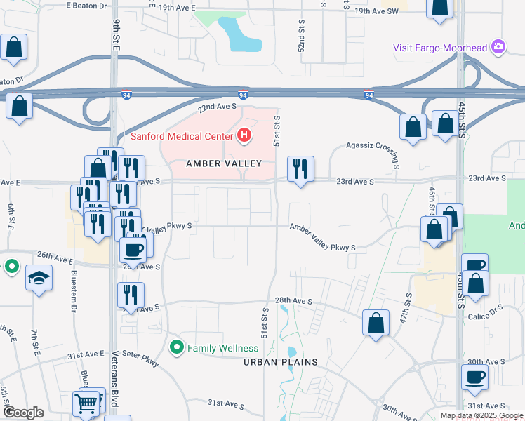 map of restaurants, bars, coffee shops, grocery stores, and more near 5170 Amber Valley Parkway South in Fargo