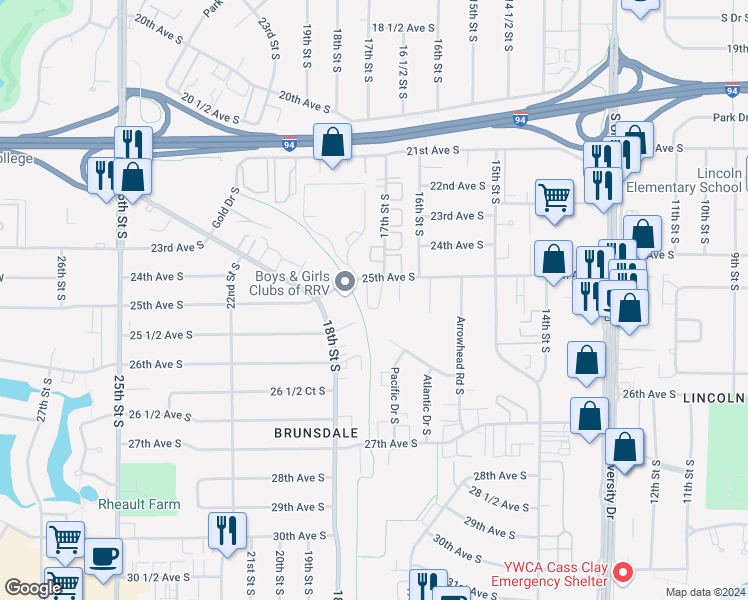 map of restaurants, bars, coffee shops, grocery stores, and more near 1700 25th Avenue South in Fargo