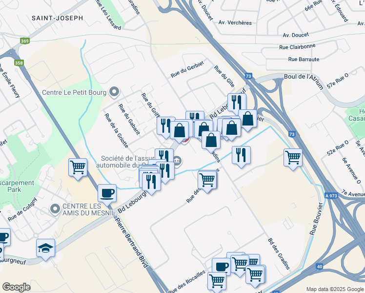 map of restaurants, bars, coffee shops, grocery stores, and more near 220-725 Boulevard Lebourgneuf in Québec
