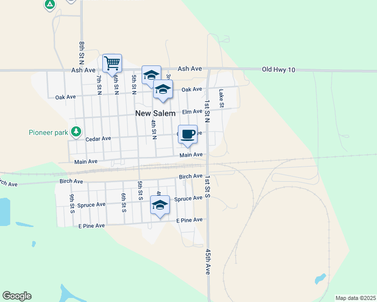 map of restaurants, bars, coffee shops, grocery stores, and more near 201 Cedar Avenue in New Salem