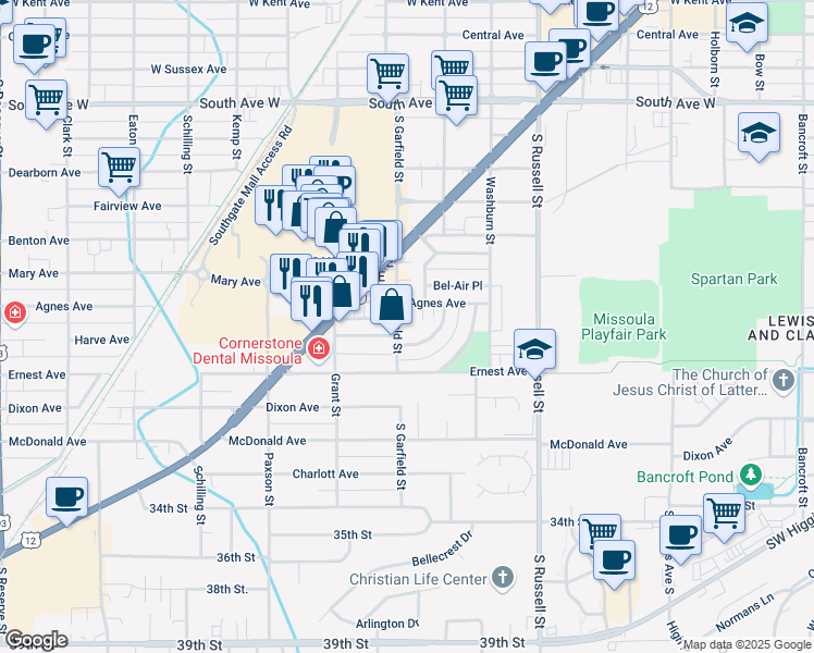 map of restaurants, bars, coffee shops, grocery stores, and more near 1804 Agnes Avenue in Missoula