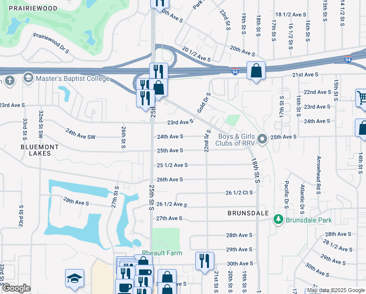 map of restaurants, bars, coffee shops, grocery stores, and more near 2313 24th Avenue South in Fargo