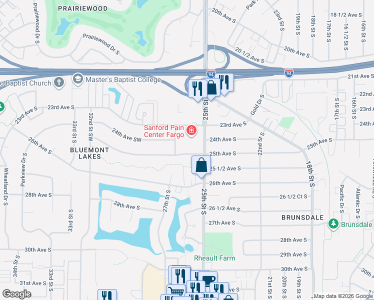 map of restaurants, bars, coffee shops, grocery stores, and more near 2322 26th Street South in Fargo