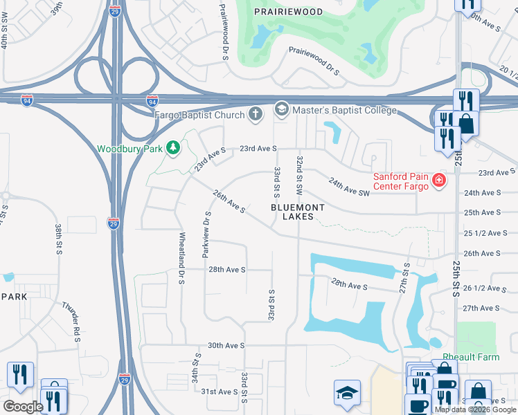 map of restaurants, bars, coffee shops, grocery stores, and more near 3327 26th Avenue Southwest in Fargo