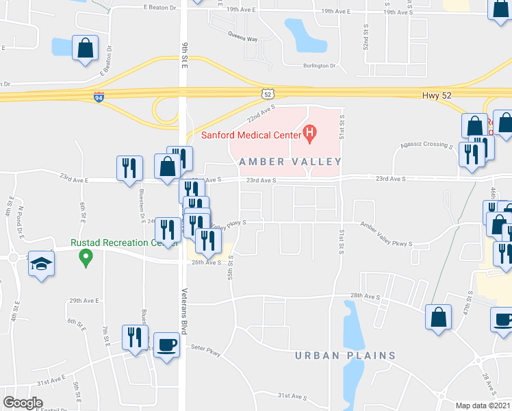 map of restaurants, bars, coffee shops, grocery stores, and more near 2312 55th Street South in Fargo